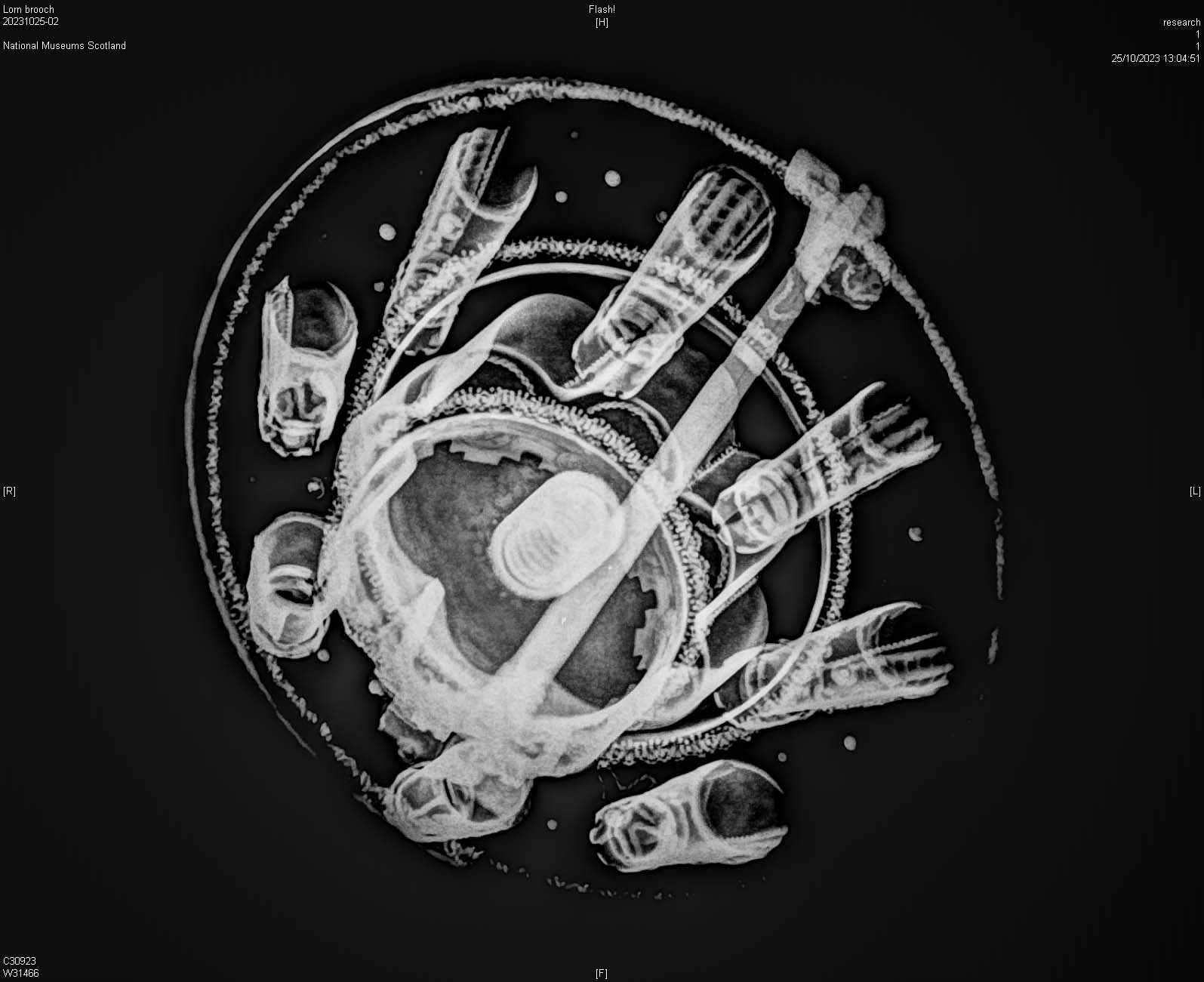 A black and white X-ray image of a brooch.