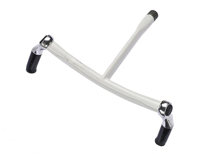 Original Obree crouch handlebars for a bicycle, comprising white painted one-piece bar with stem bar ends, 1993.