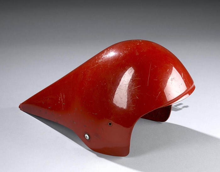 Racing helmet cowl for cycling, used by Graeme Obree during his successful World Hour Record in 1993.