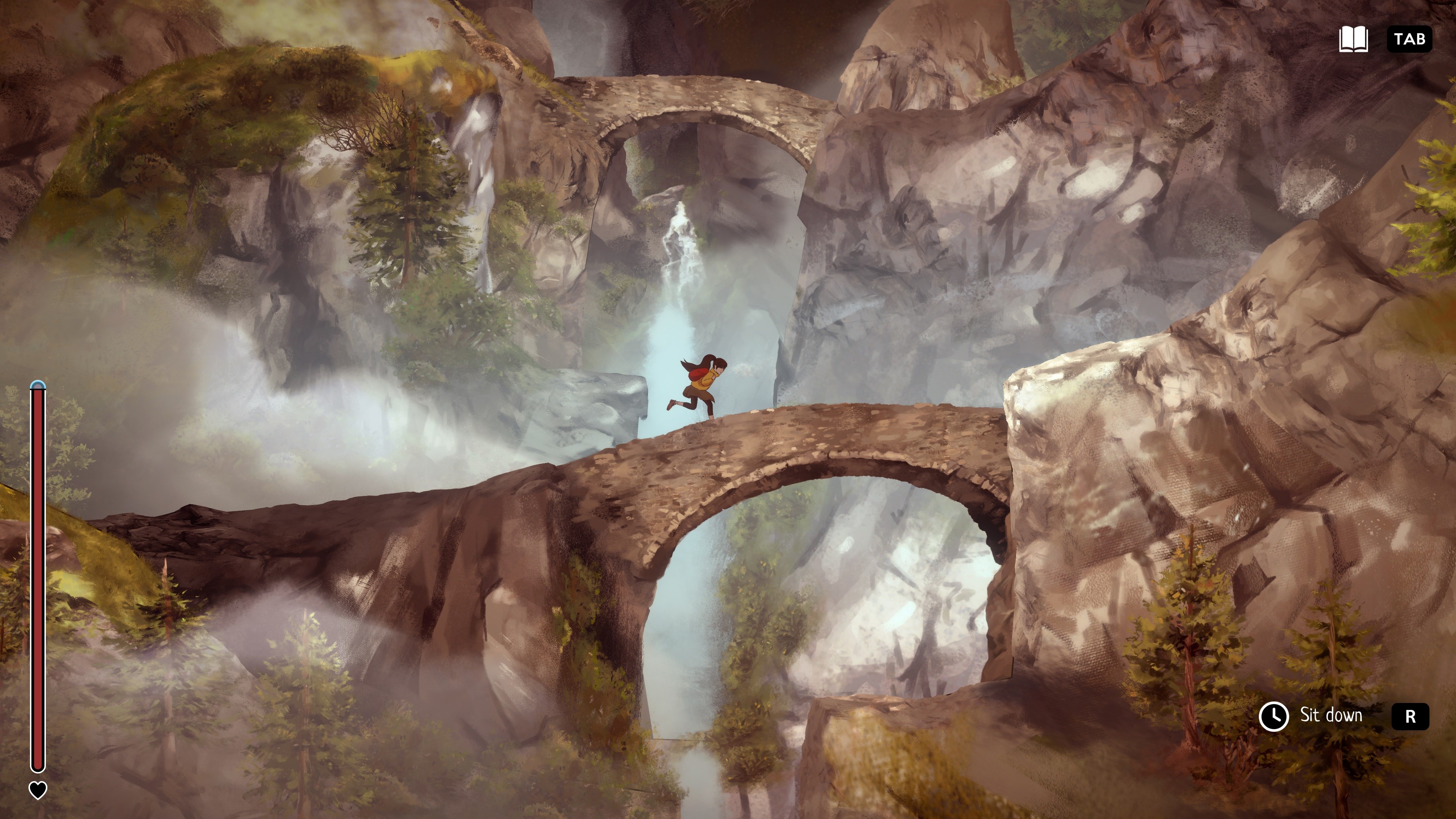 A screenshot from A Highland Song, showing a character walking over a bridge in the highlands