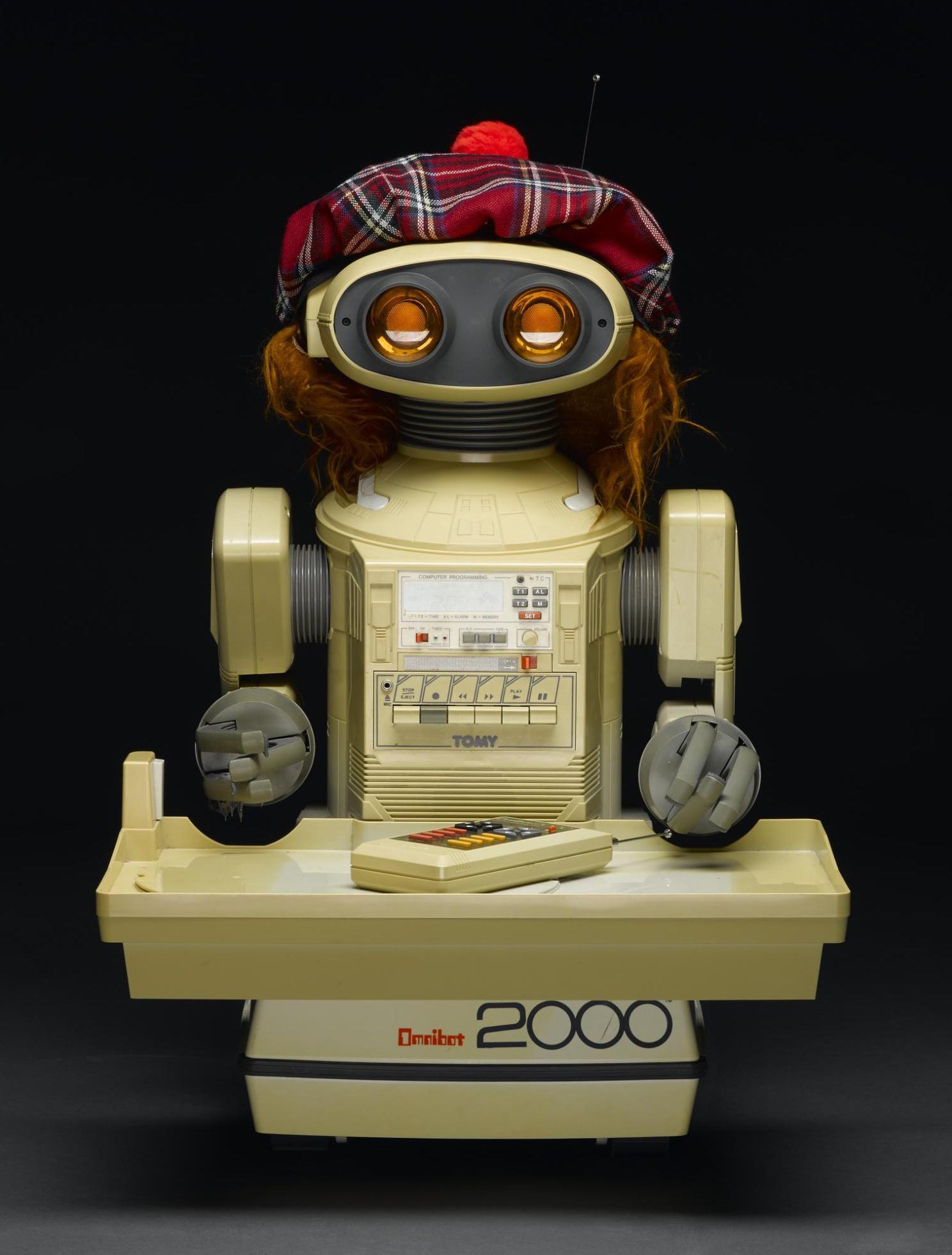 Omnibot 2000 wearing a tartan hat.