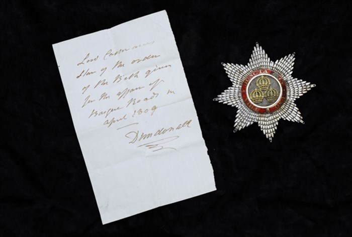 Star of a Knight Companion of the Order of the Bath awarded to Cochrane, with a note in his handwriting
