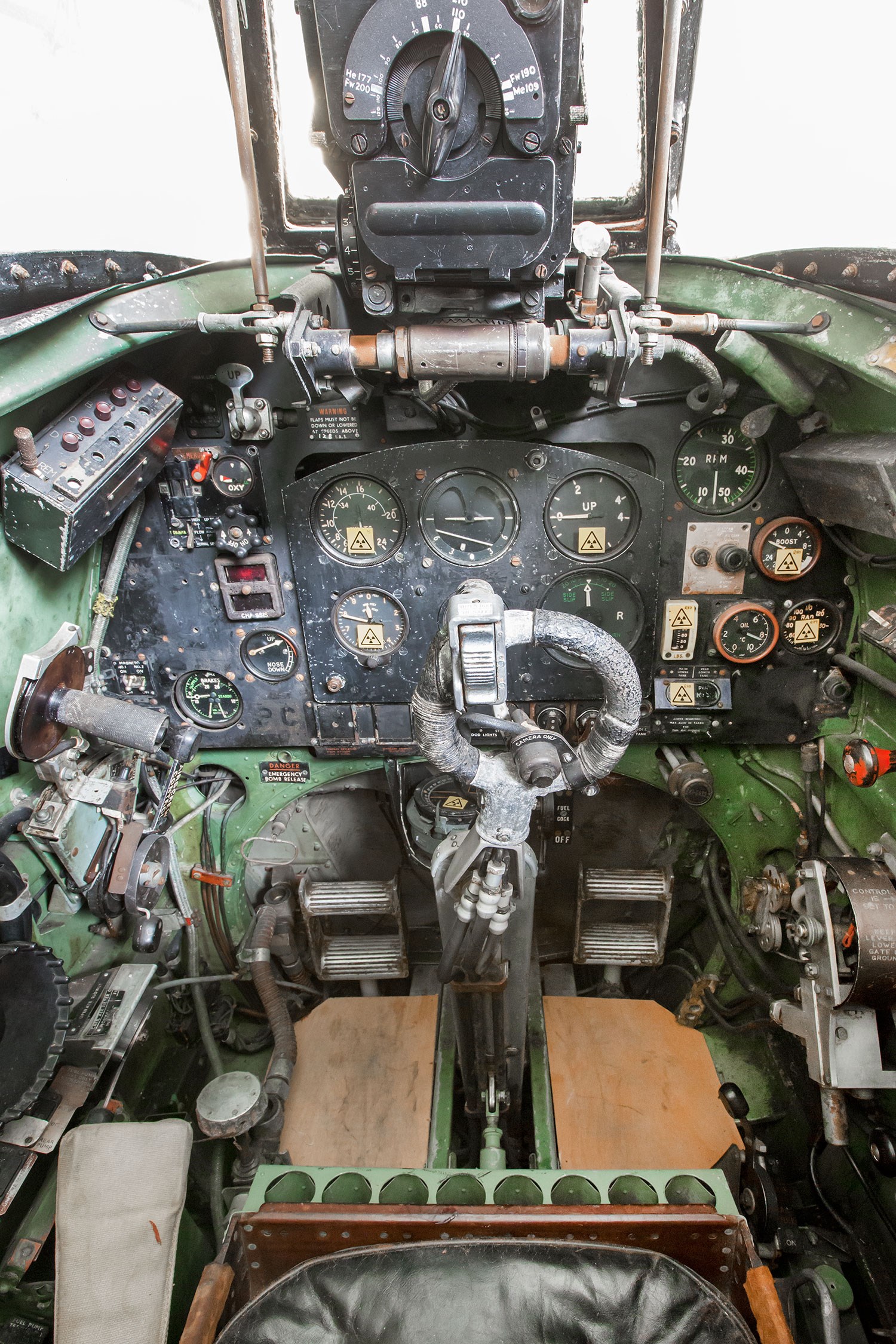 Inside the cockpit of a Supermarine Spitfire aircraft.
