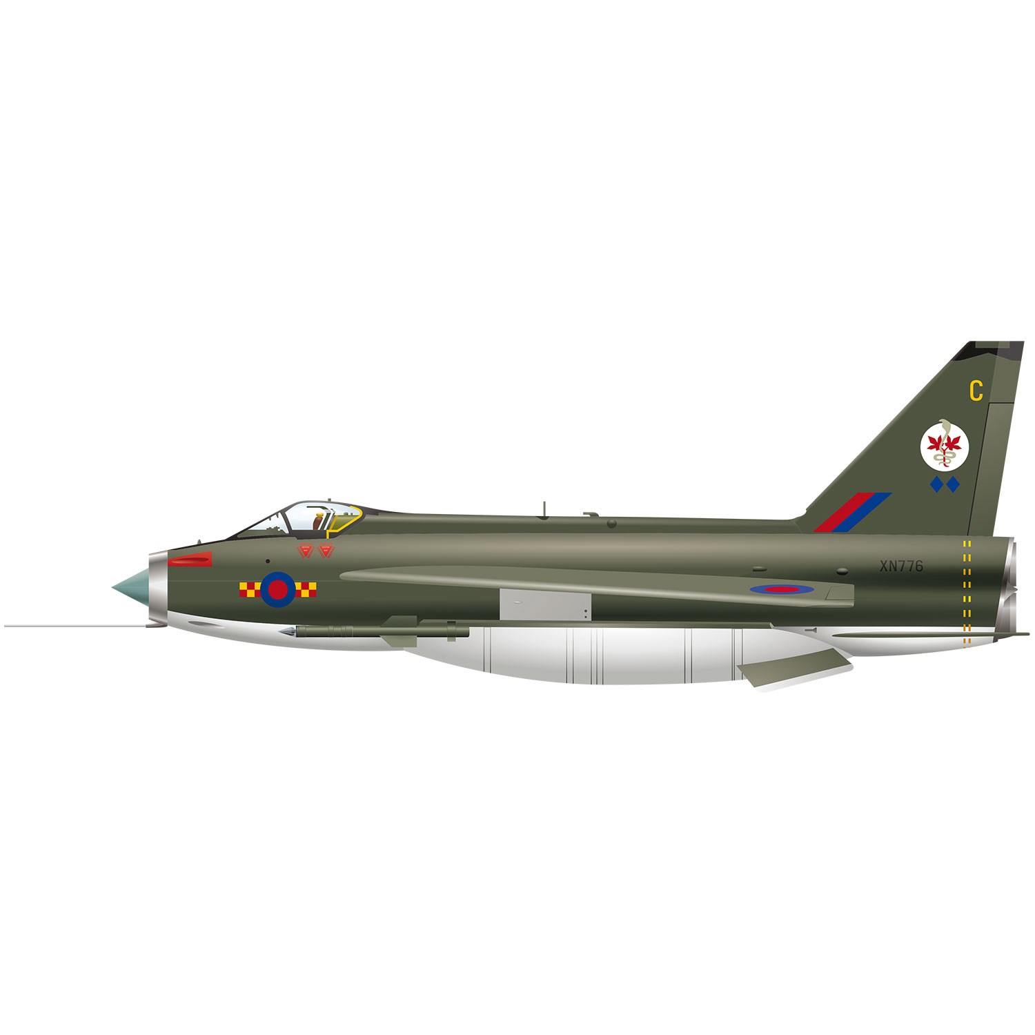 A black English Electric Lightning jet fighter aircraft. 