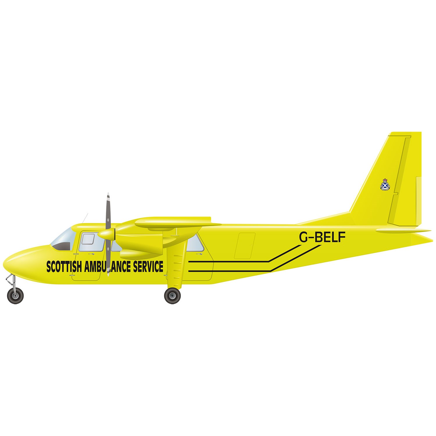 A yellow Britten-Norman Islander aircraft. 