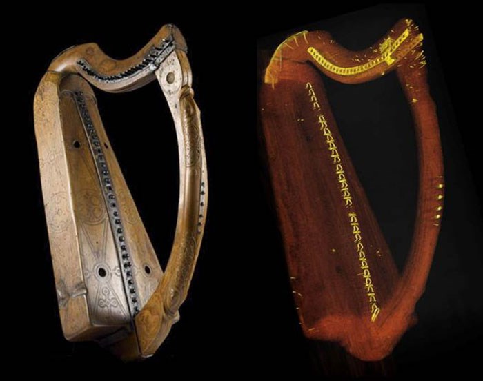 Queen Mary harp (photograph, left; CT scan rendering; right)