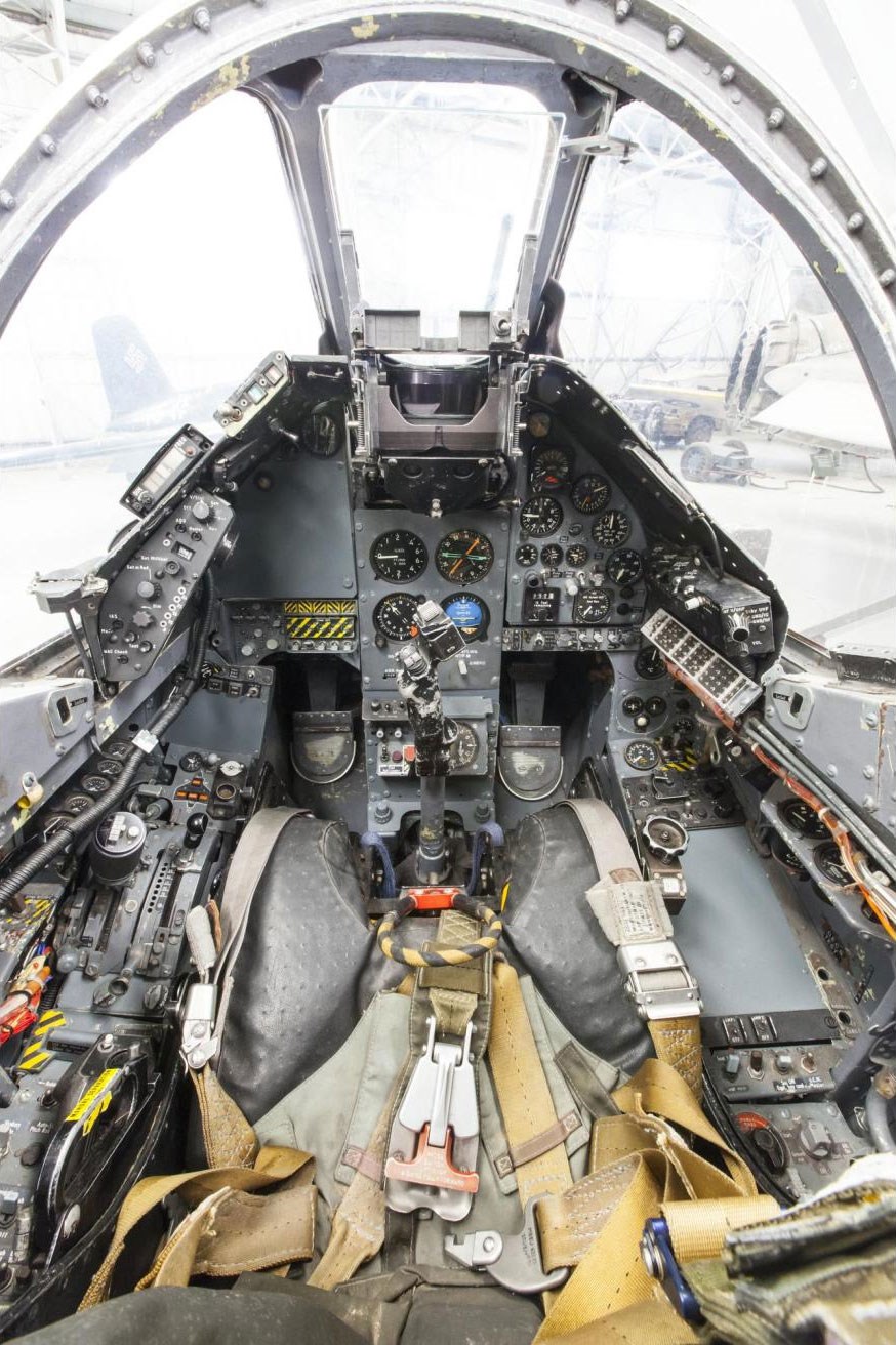 Inside the cockpit of a Hawker Siddeley Harrier aircraft.