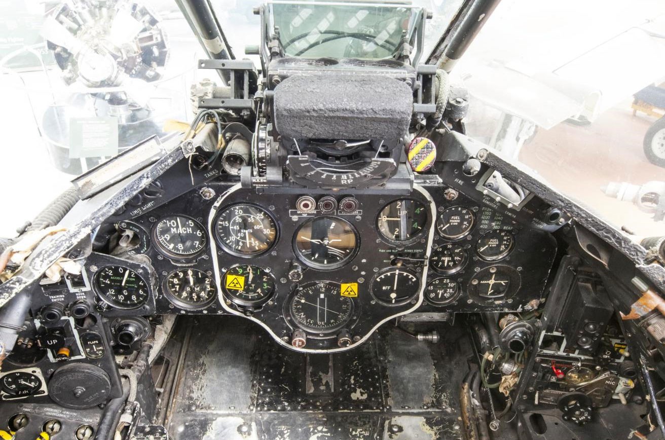 Inside the cockpit of a Sea Hawk aircraft.