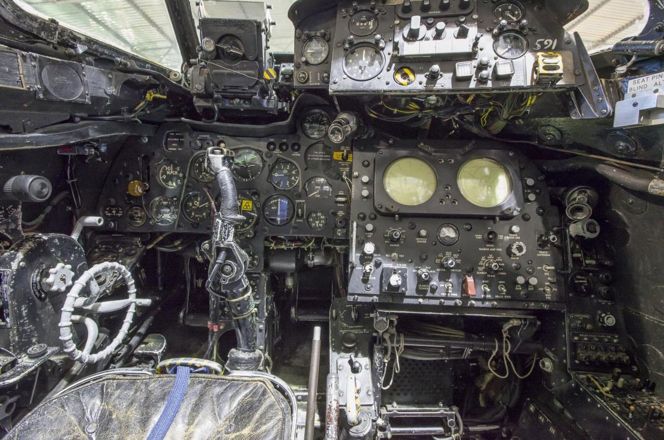 Inside the cockpit of a Sea Venom aircraft.