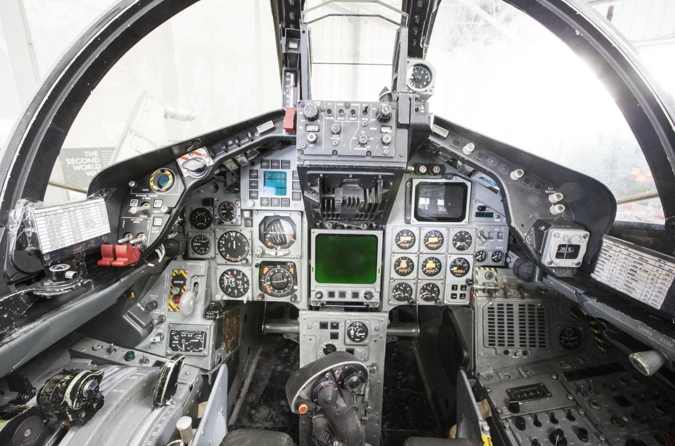 Inside the pilot cockpit of a Tornado aircraft.