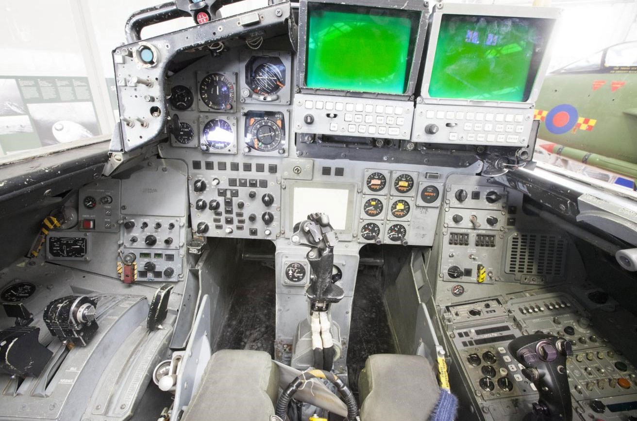Inside the rear cockpit of a Tornado aircraft.