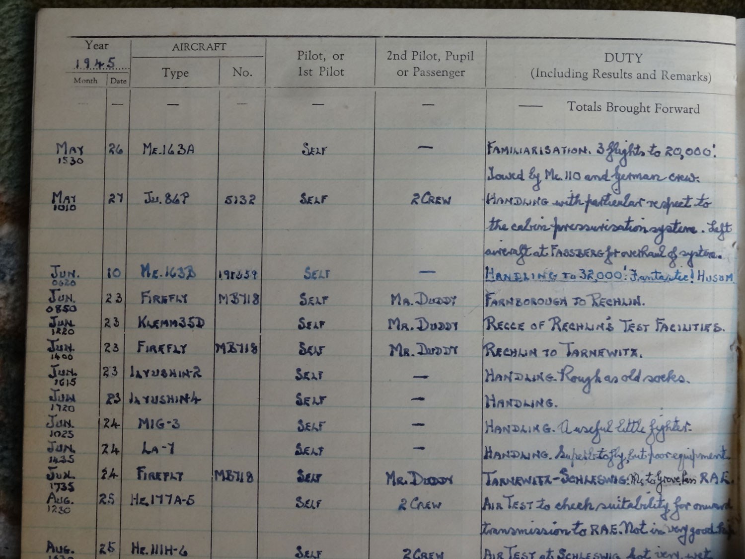 Page from Captain Brown's log book showing his flight in the Komet
