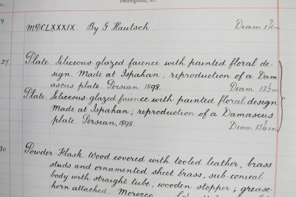 Detail of 'The Royal Museum Register of Specimens' recording the acquisition of the two dishes in March 1899