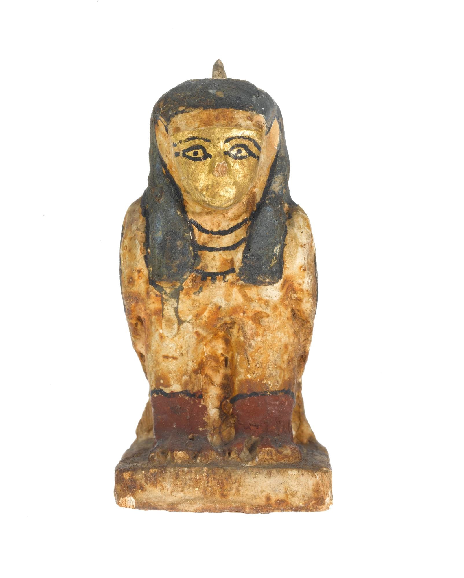 Painted wooden statuette of a ba-bird, with the body in the form of a falcon and the head in human form: Ancient Egyptian, probably from Akhmim, Late Period.