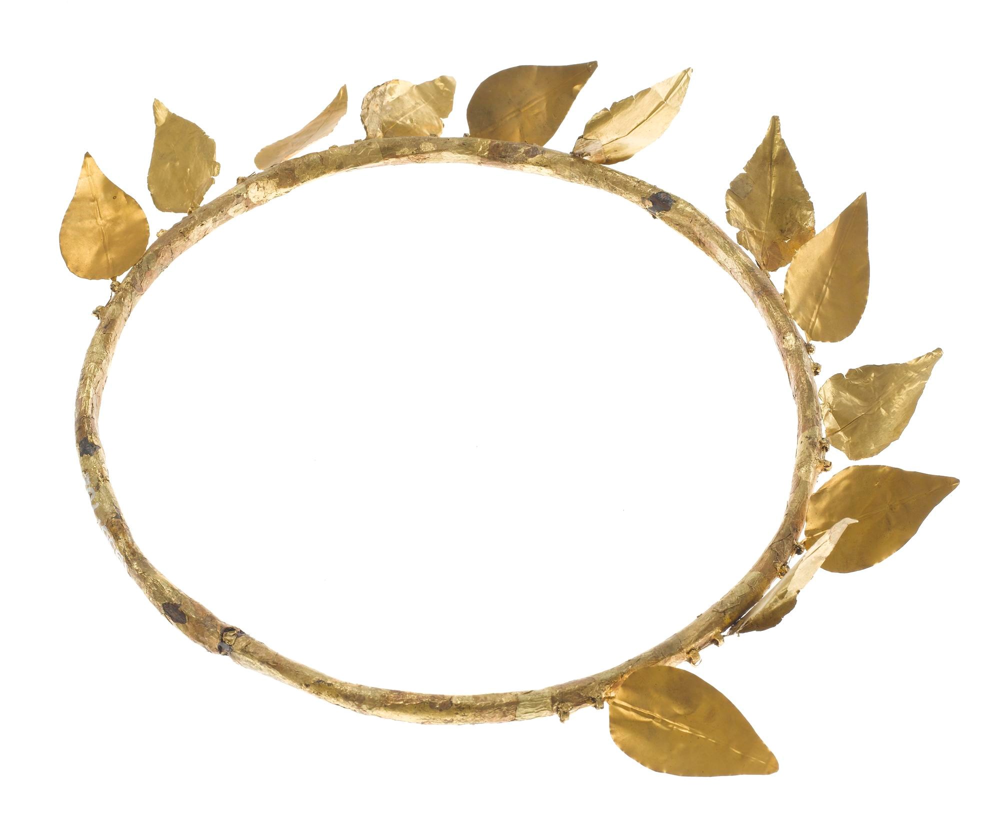 Wreath of twelve gold-foil leaves attached to a ring of copper, found on the mummy of Montsuef: Ancient Egyptian, excavated by A.H. Rhind in the tomb of Montsuef at Sheikh Abd el-Qurna, Thebes, Early Roman Period, c9 BC.