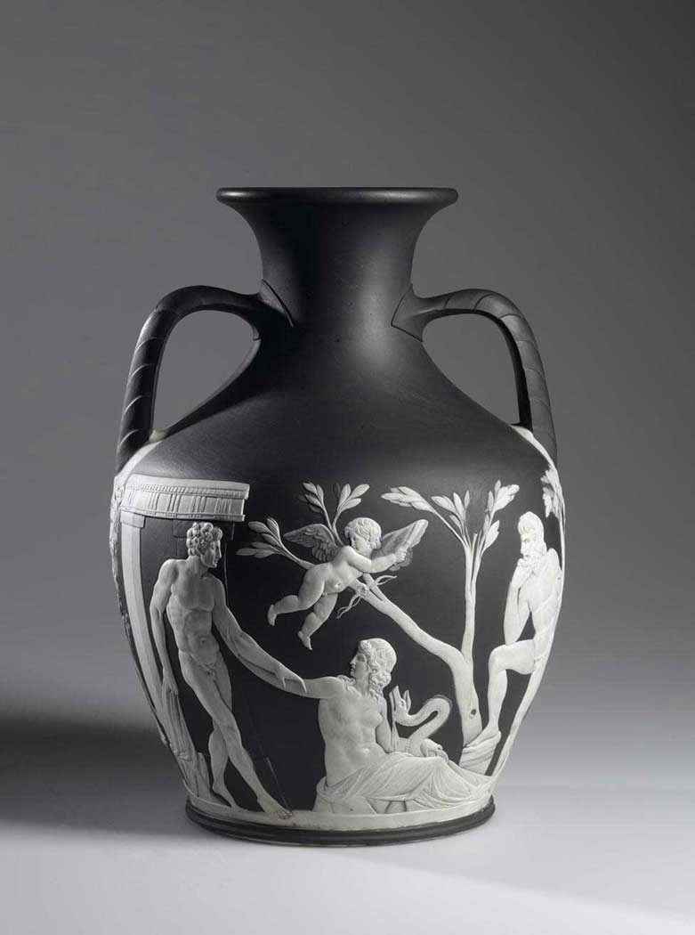 Copy of the Portland Vase of solid black jasper ware with white reliefs: English, Staffordshire, Etruria, by Wedgwood, 1790 - 1792