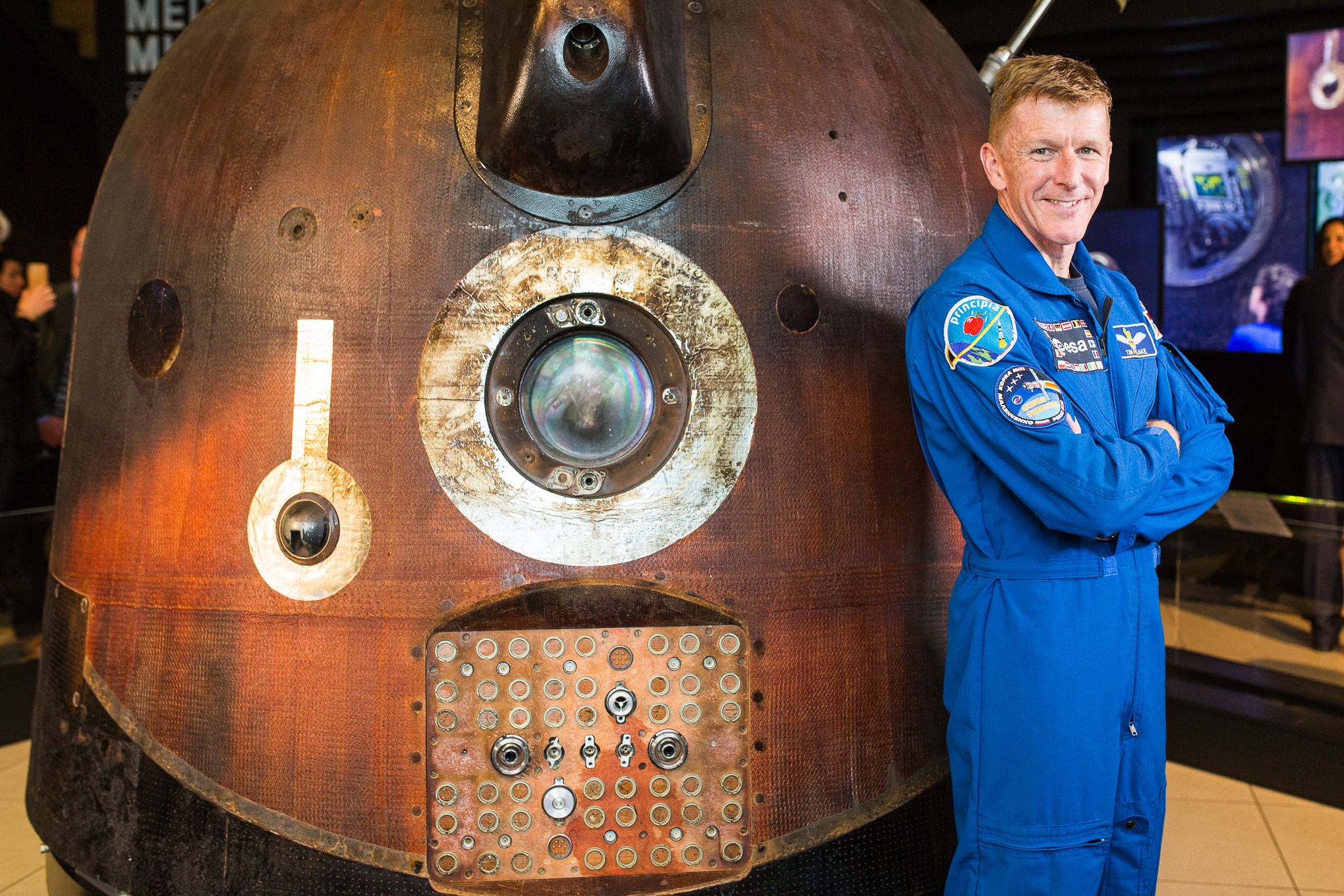 Astronaut Tim Peake with the Soyuz spacecraft at the National Science and Media Museum in Bradford © National Science and Media Museum  Jody Hartley small 2.jpg