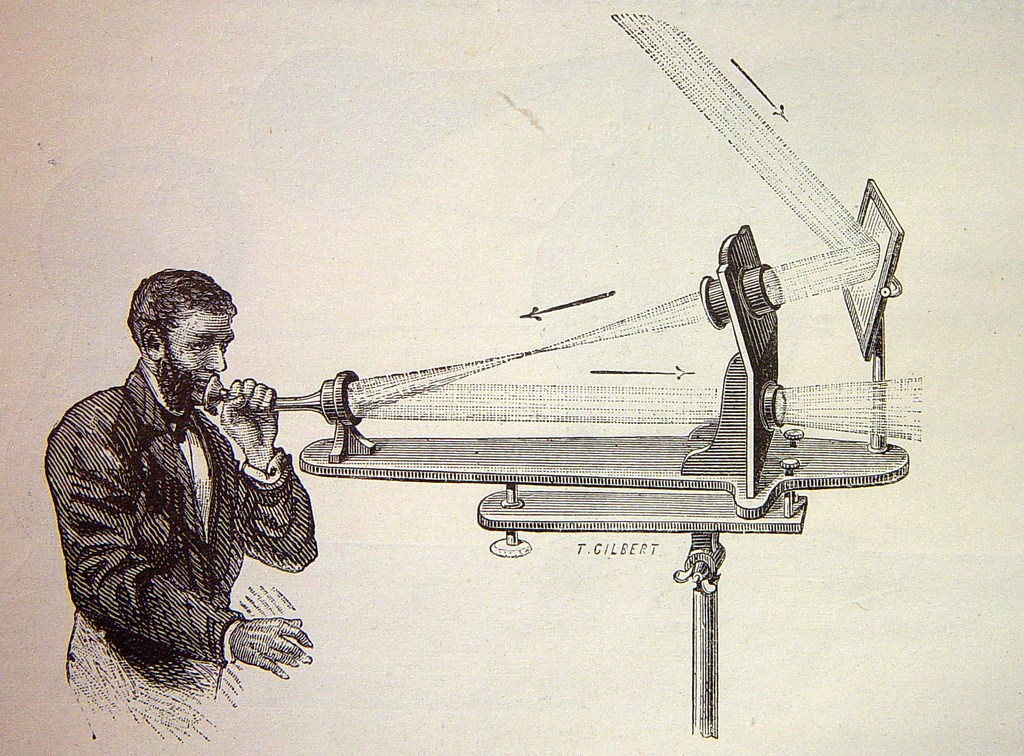 Illustration of the photophone's transmitter, originally from: El mundo físico : gravedad, gravitación, luz, calor, electricidad, magnetismo, etc. / A. Guillemin by: Guillemin, Amédée, published by: Barcelona Montane