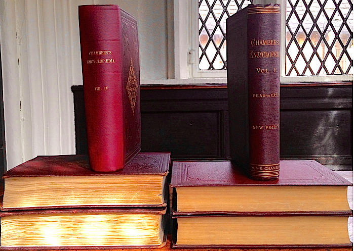 The first two bound editions of Chambers's Encyclopaedia, housed in Chetham's Library, Manchester. Both editions sold widely and were consulted regularly in the industrial cities of the UK. Photo by Rose Roberto.