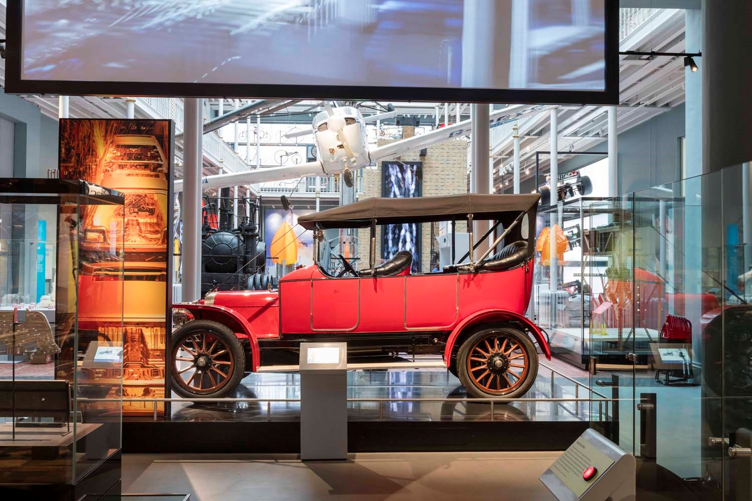 A red motor car in the Science and Technology galleries. 
