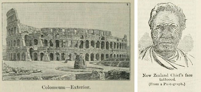 Colosseum-Exterior, from second edition, volume 1, page 238, 1888 (left). New Zealand Chief's face tattooed (from a photograph), from first edition, volume 9, page 313, 1867 (right).