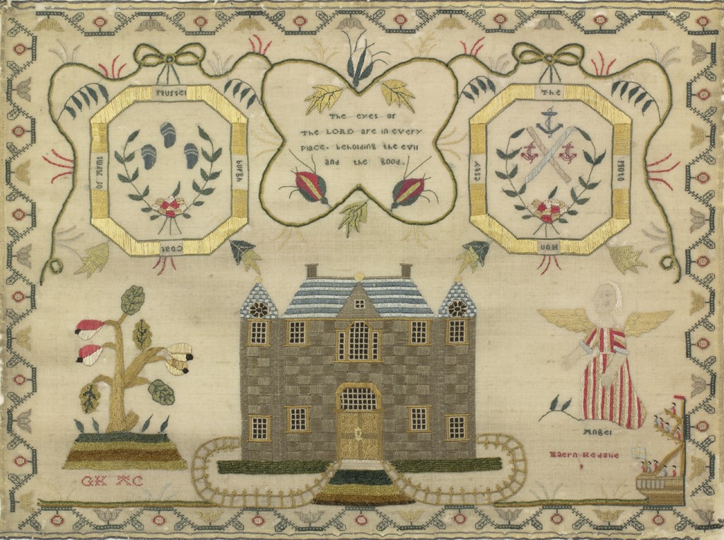 Maern Kedglie, from Inveresk, represented the neighbouring town of Musselburgh in her sampler, using the town’s coat of arms of three anchors and three mussels. © Leslie B. Durst Collection