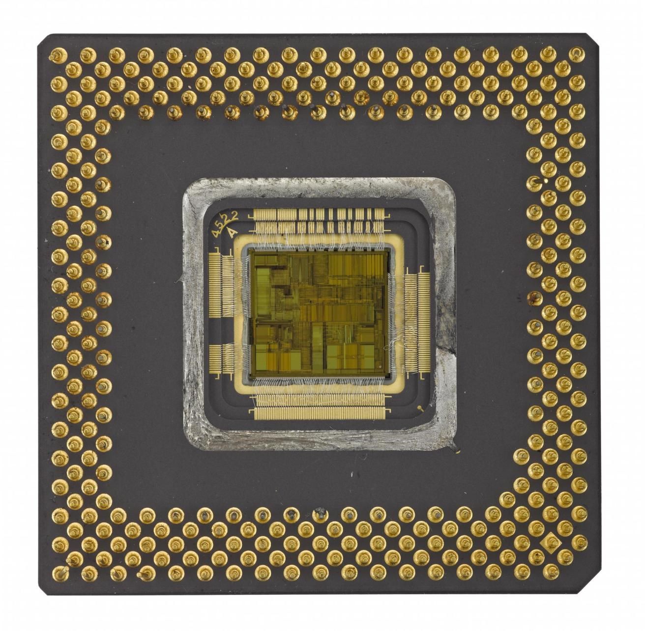 Ceramic is used to make this 1994 Intel Pentium microprocessor, which contains 3,200,000 transistors.