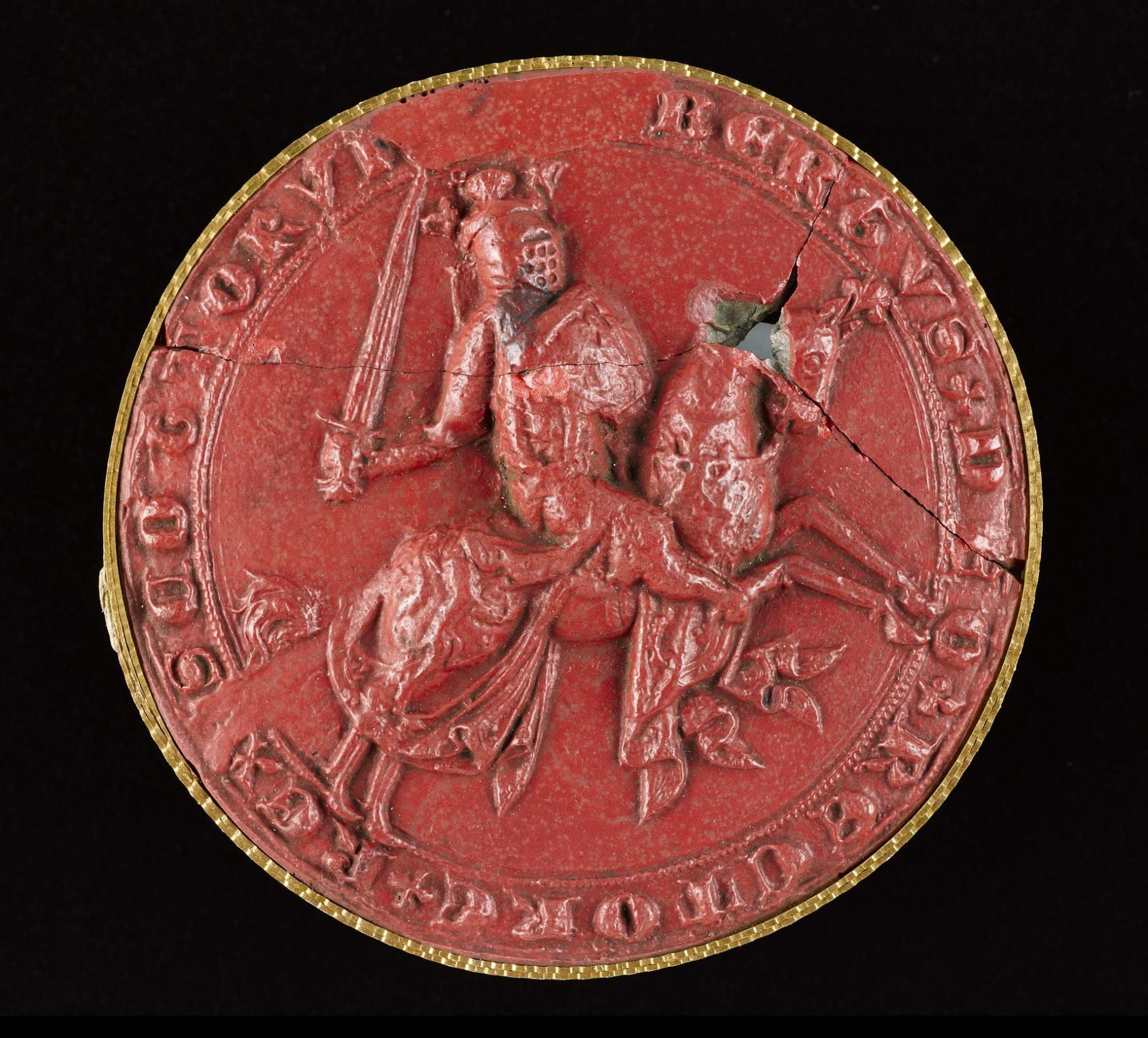 Red wax seal depicting a man, Robert Bruce, on a charging warhorse holding up a sword.