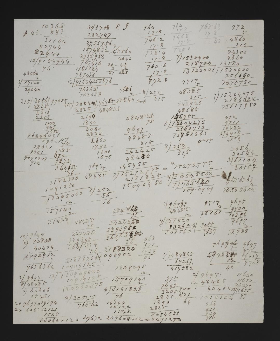 Paper with handwritten mathematical calculations and notations in the handwriting of Charles Piazzi Smyth, found with a manuscript of John Taylor's 'The Mystery of the Pyramids Explained', a work which influenced him. © Royal Observatory Edinburgh CPS Archives.