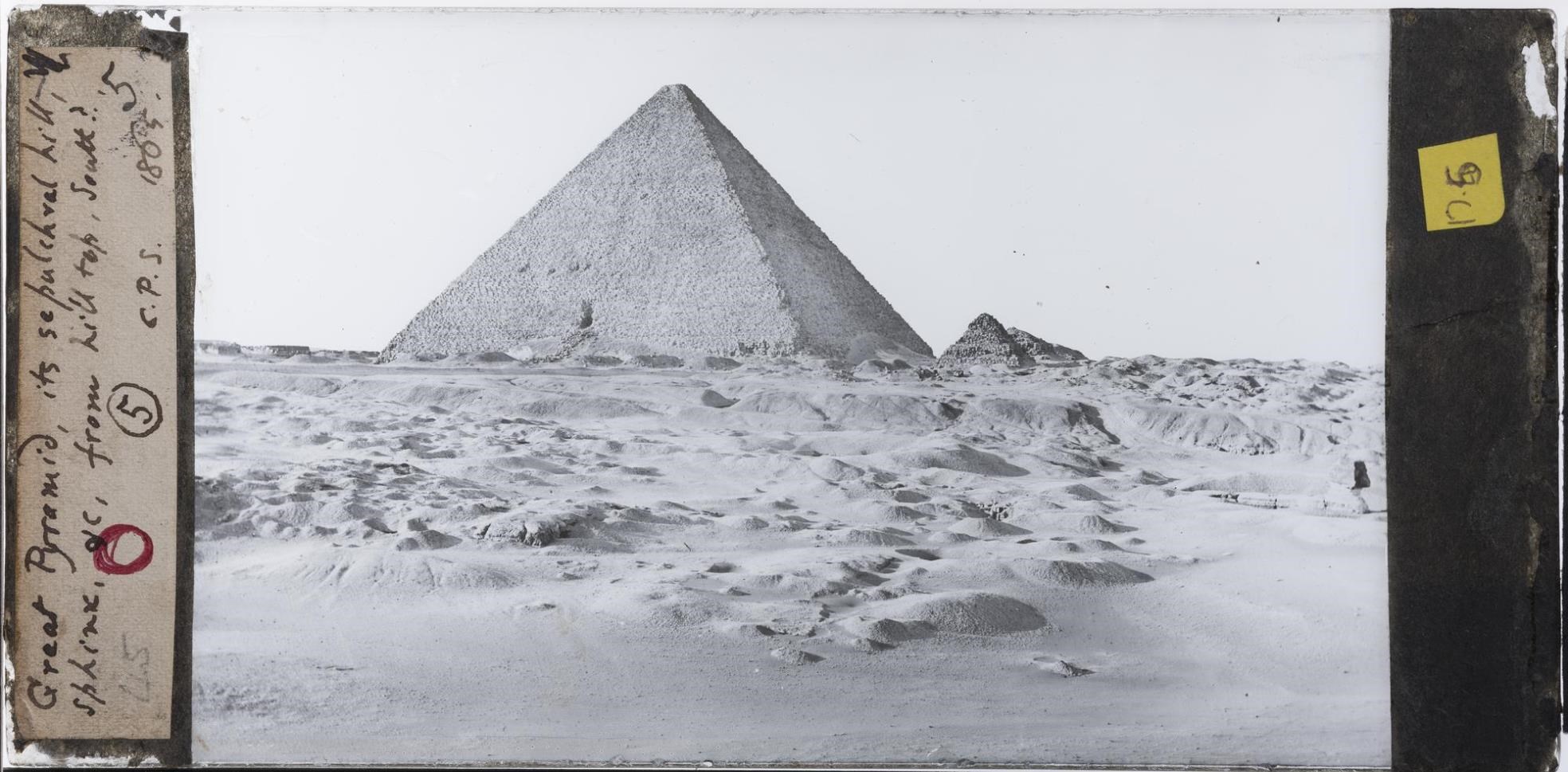 Above: Glass plate photographic negative taken in 1865 by Charles Piazzi Smyth of the 'Great Pyramid, its sepulchral hill, the Sphinx, &c, from hill top, south?' © Royal Observatory Edinburgh CPS Archives.