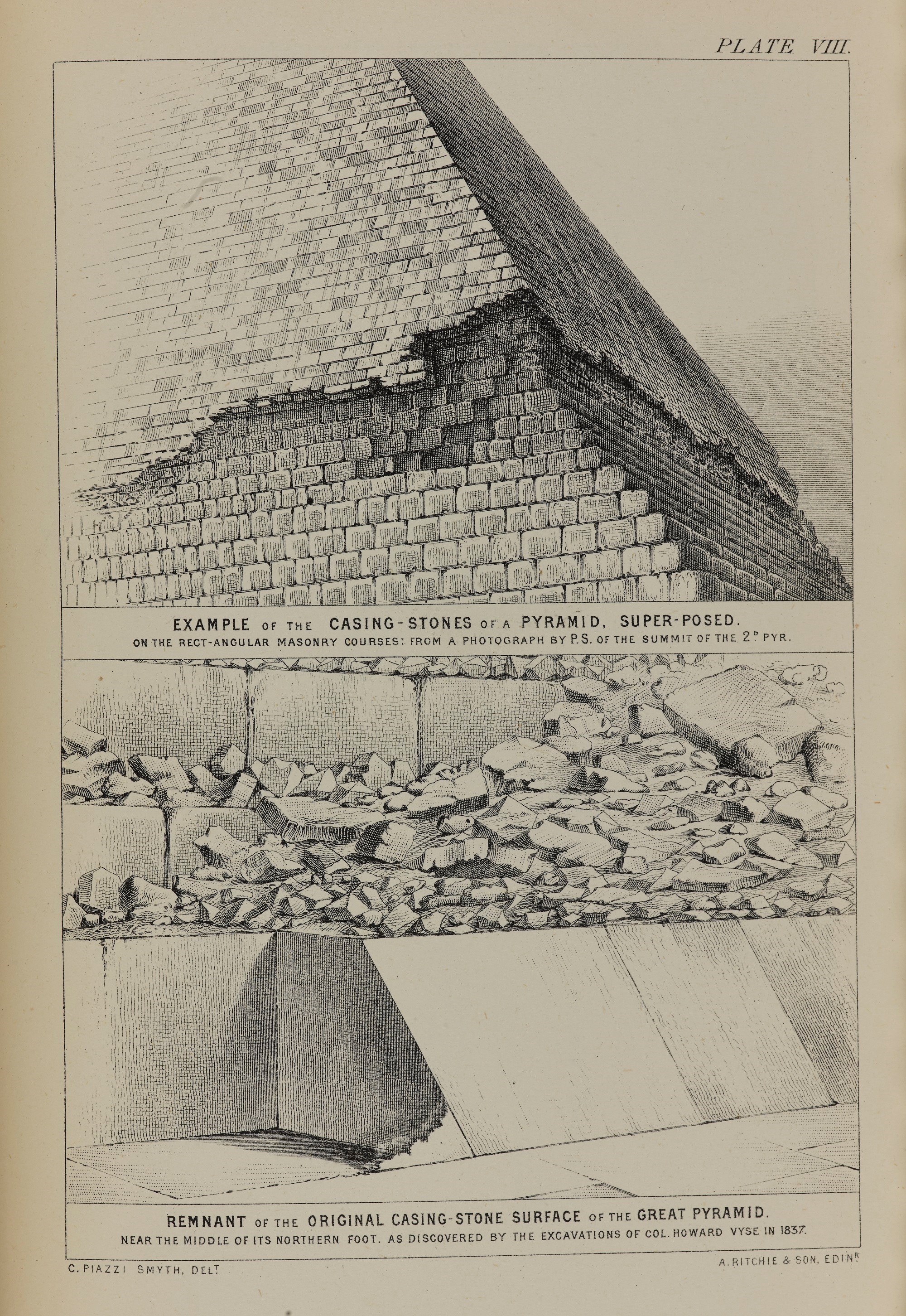Plate from Charles Piazzi Smyth’s publication Our Inheritance in the Great Pyramid showing some of casing stones still in situ at the base.