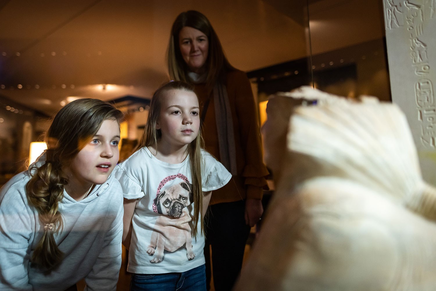 A family looking at an artefact in the Ancient Egypt gallery. 