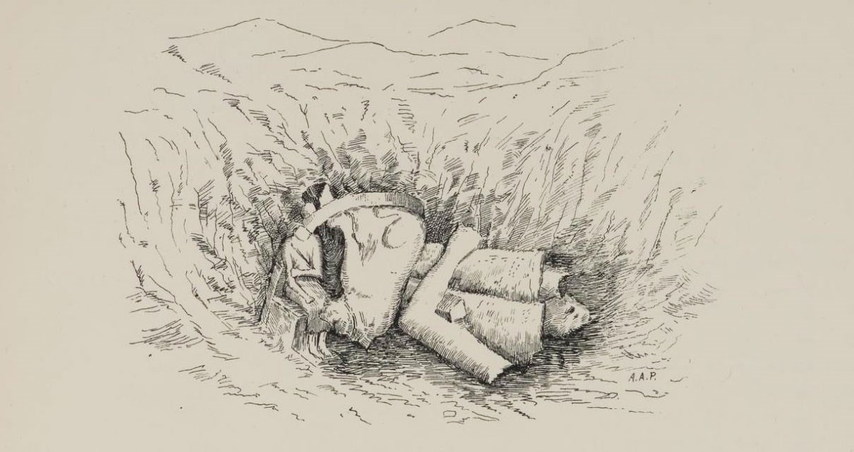 Drawing of the excavation of three statues at Hierakonpolis, signed by Annie A Pirie.
