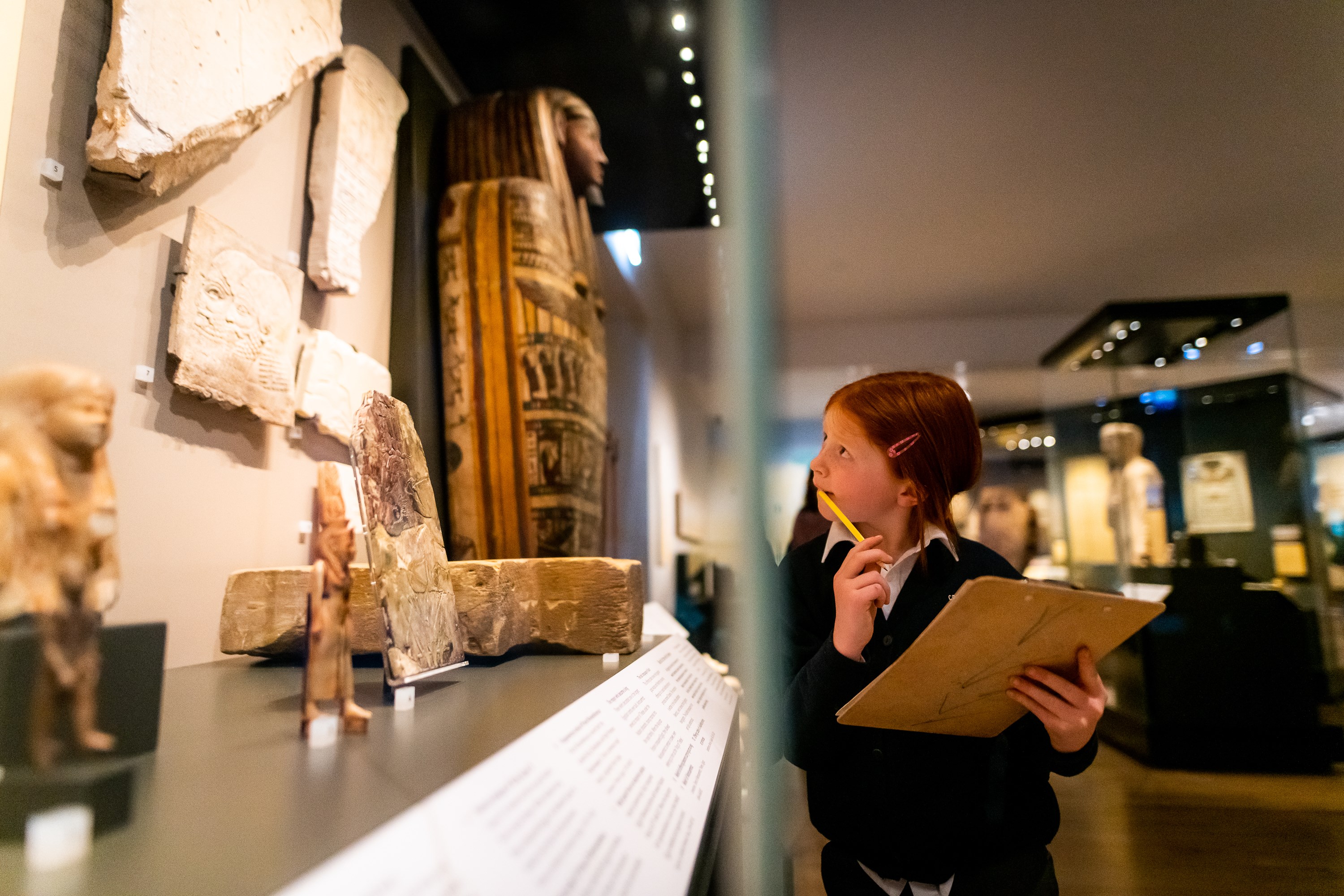 A primary school child with a clipboard looks into one of the cases in the Ancient Egypt Gallery. 