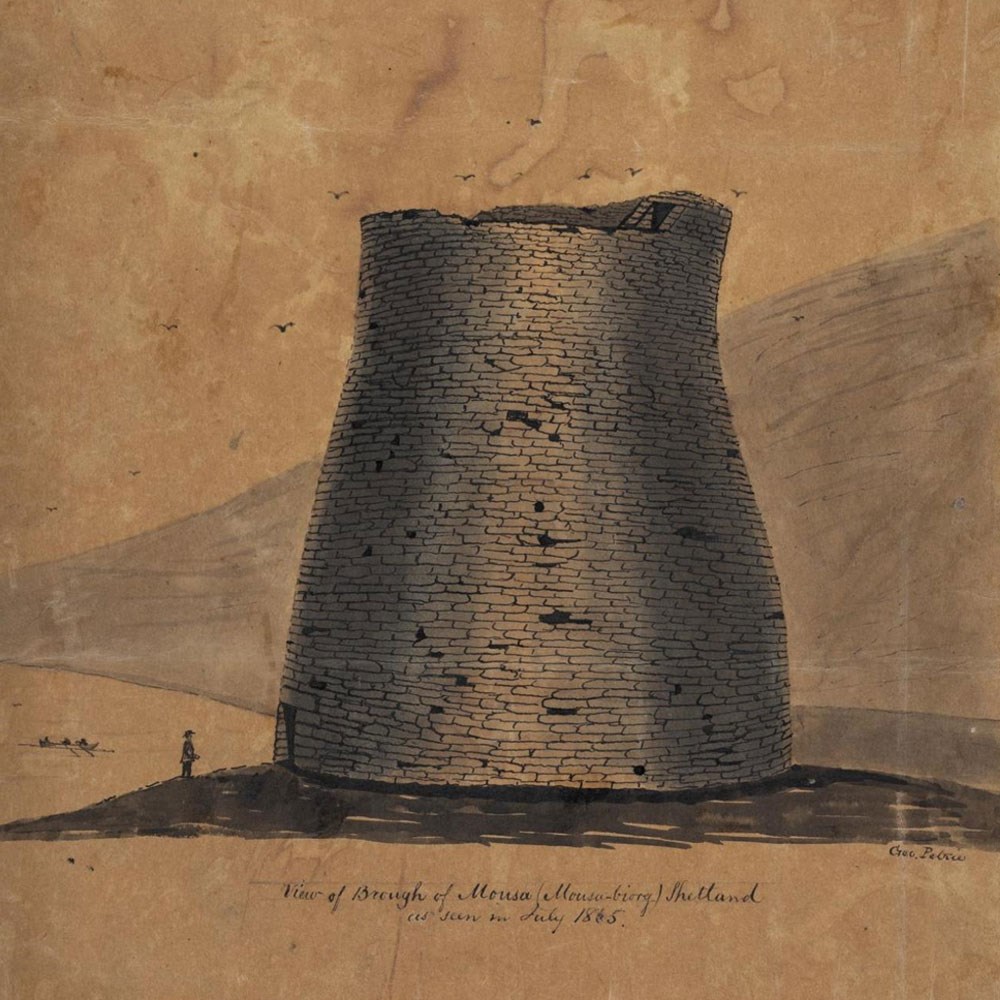 Pen and ink drawing of the broch at Mousa, Shetland, George Petrie July 1865