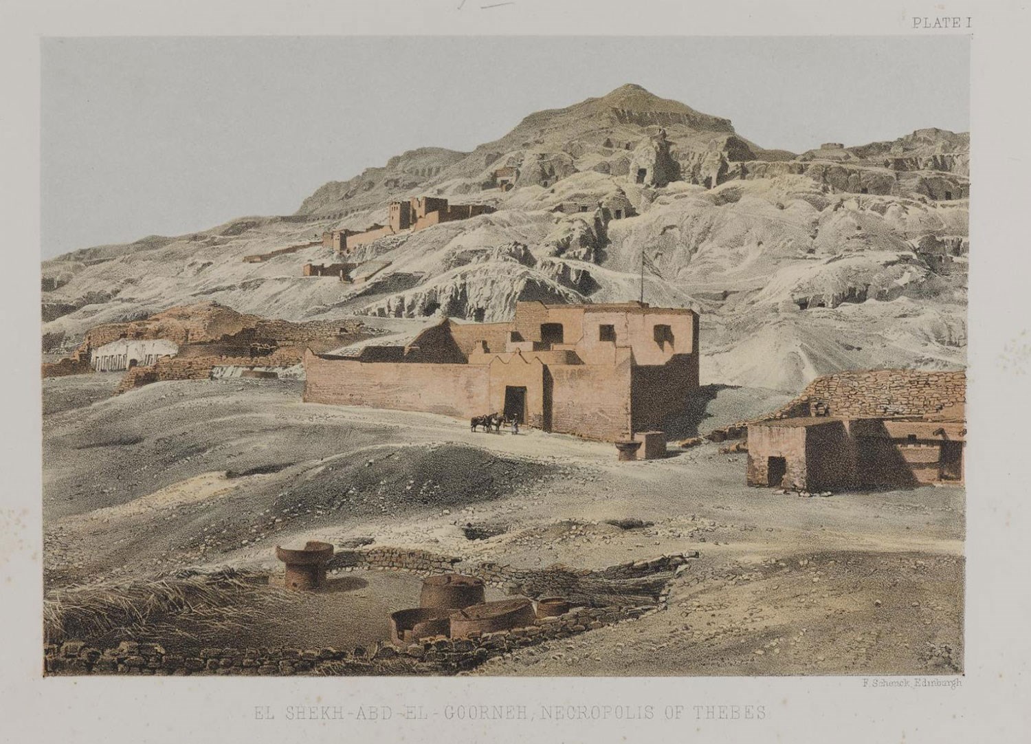 The Tombs of the Nobles and the house where Alexander Henry Rhind stayed during his excavations at Sheikh Abd el-Qurna, Theban West Bank (Luxor), from his book Thebes, Its Tombs and their Tenants, Ancient and Present (1862).