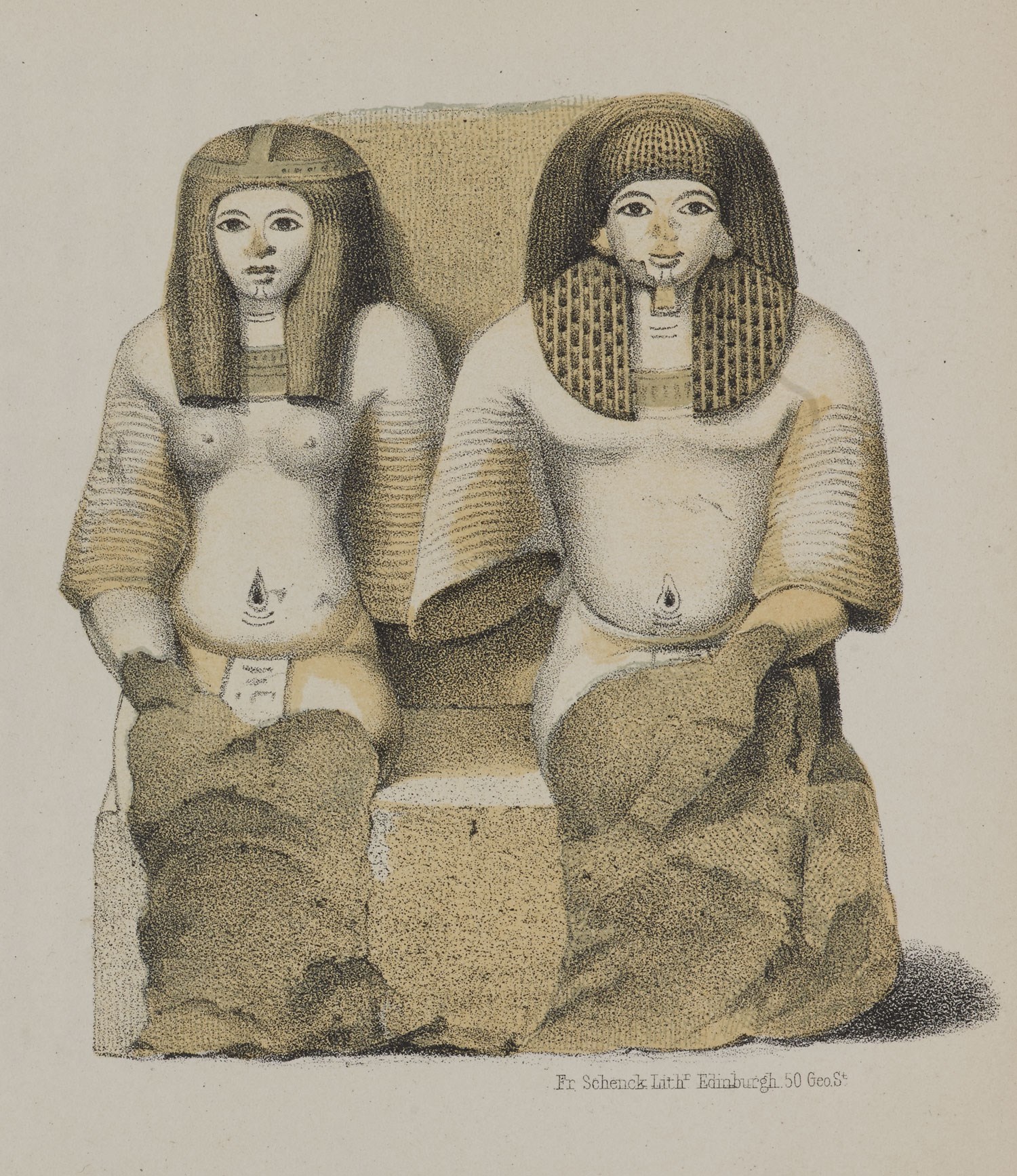 Illustration of the pair statue excavated by A.H. Rhind in the Rhind Tomb at Sheikh Abd el-Qurna, Thebes from his book Thebes, Its Tombs and their Tenants (1862).