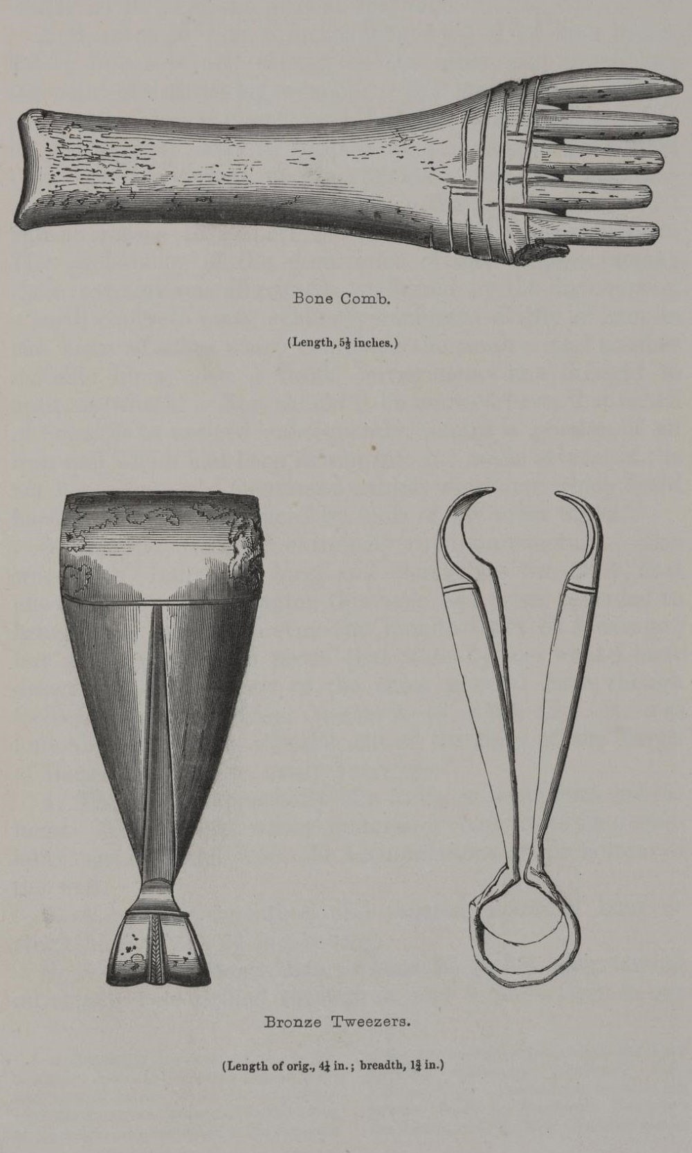 Illustration of a whale-bone weaving comb (X.GI 36) and bronze tweezers (X.GI 75) from Alexander Henry Rhind’s ‘Notice of the Exploration of a ‘Picts’ House, at Kettleburn, in the County of Caithness’ (1853).