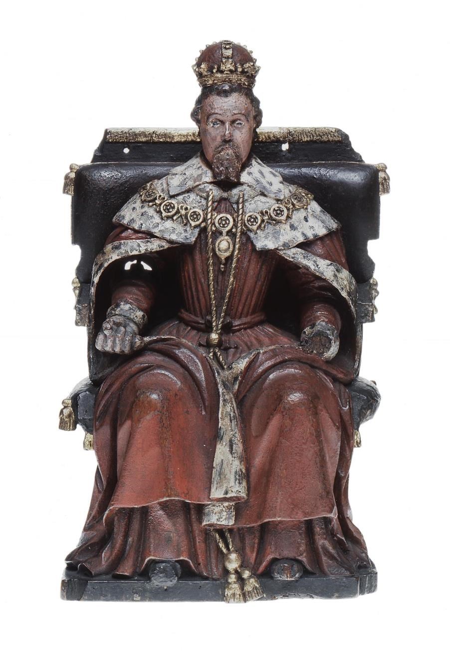 Articulated figure of James VI on the throne. A lever at the back moves his arm which may have once held a sceptre.