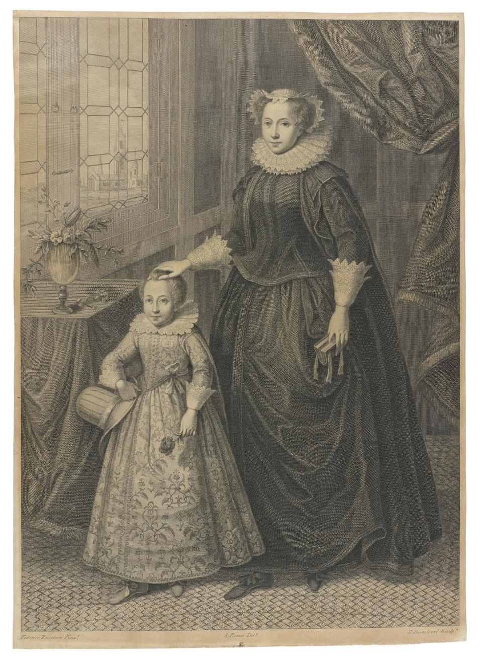Engraving of Mary Queen of Scotland with her son (later James VI and I), after a painting by F. Zucherri, published 1779.