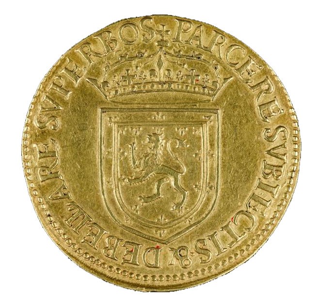 Reverse of ames VI gold 20-pound piece, Edinburgh, 1575.