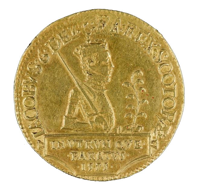 Front of James VI gold 20-pound piece, Edinburgh, 1575.
