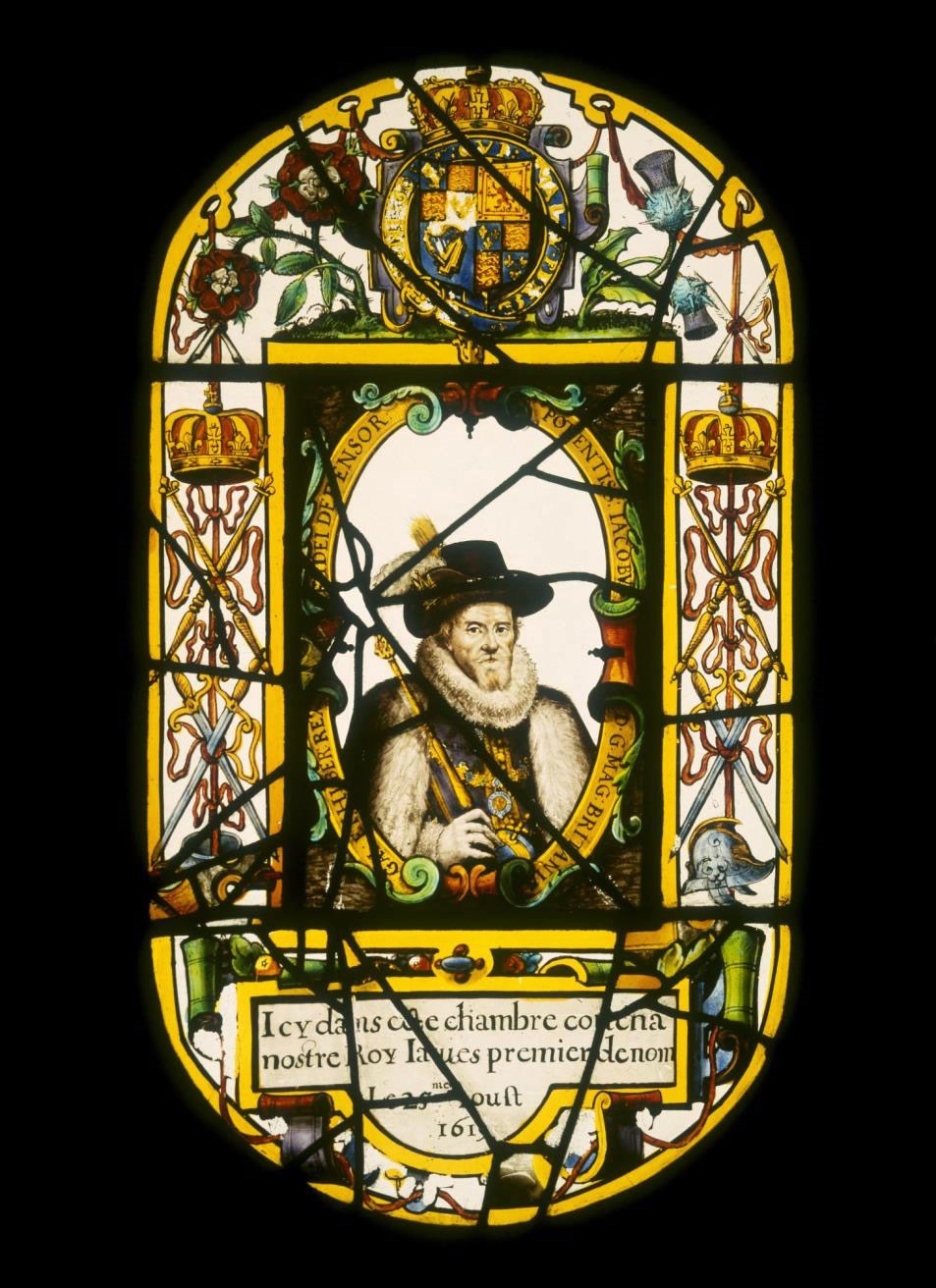 Stained glass panel showing James VI and I
