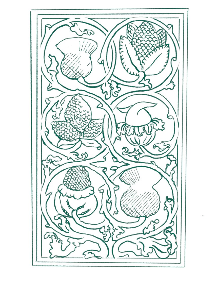 Line drawing of a carved oak panel with patterns of different flowers