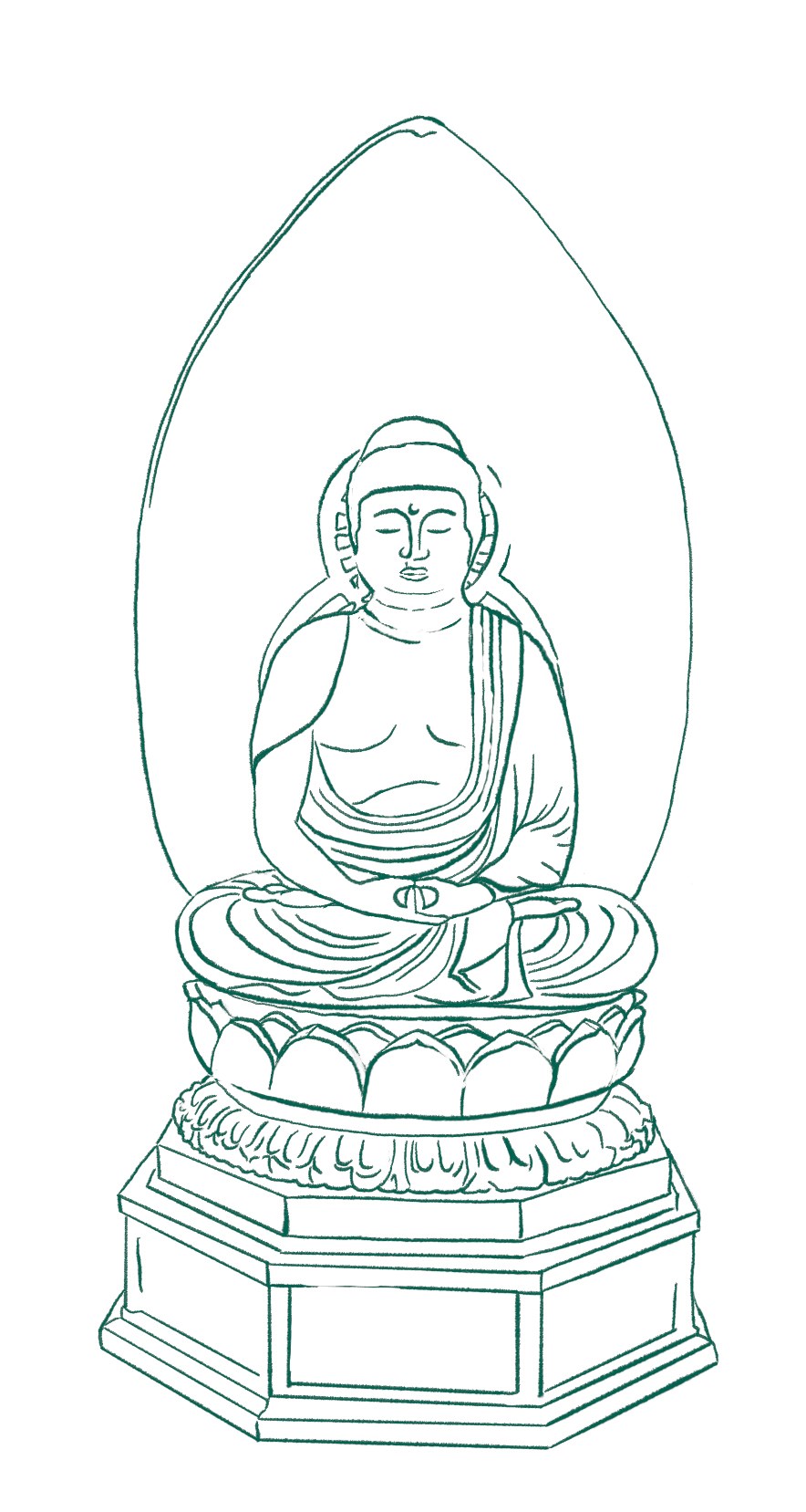Line drawing of a Japanese statue of the Buddha Amida.