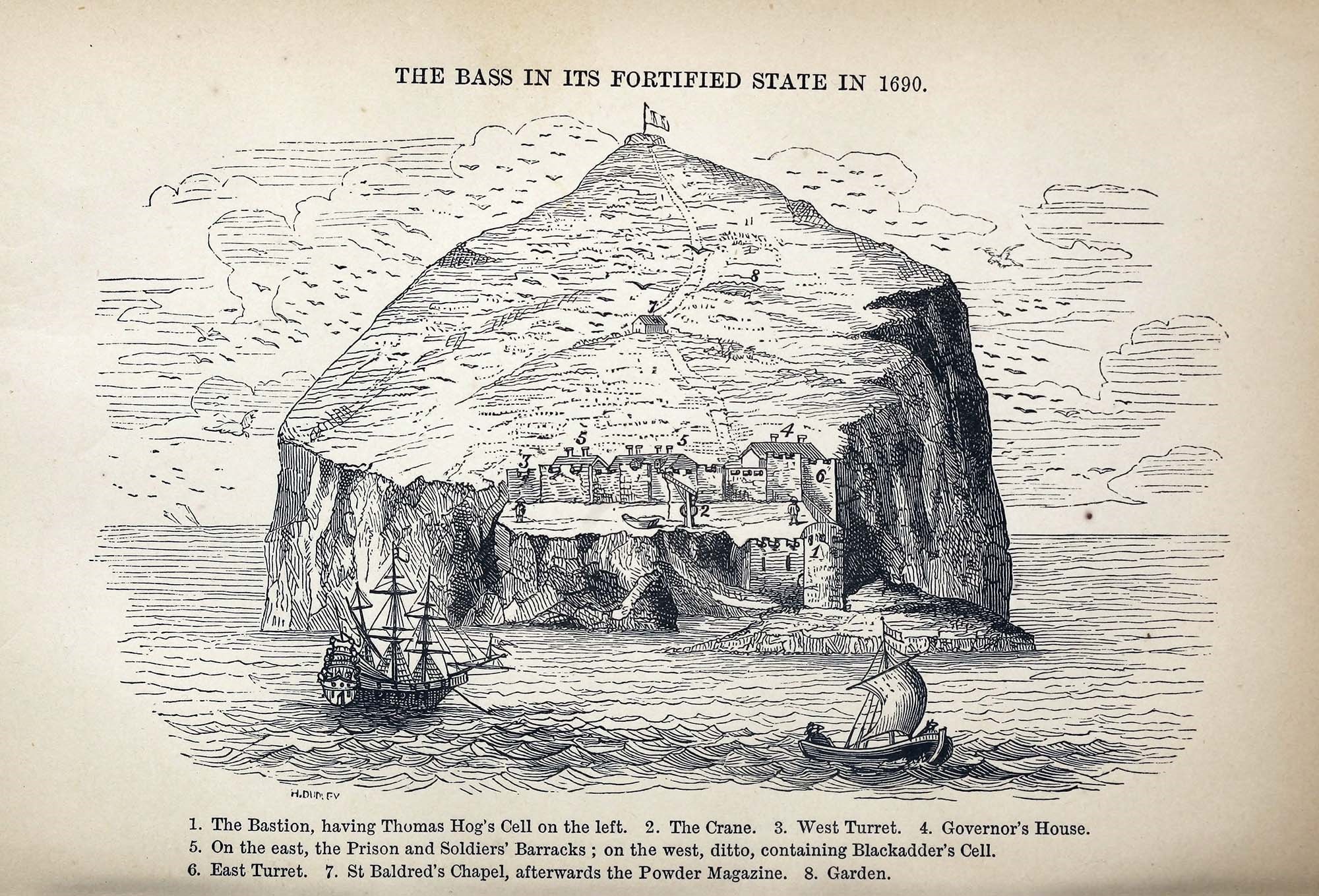 Illustration showing a massive rock sticking out of a sea. A castle and prison is on the rock, and two ships sail in front of it.