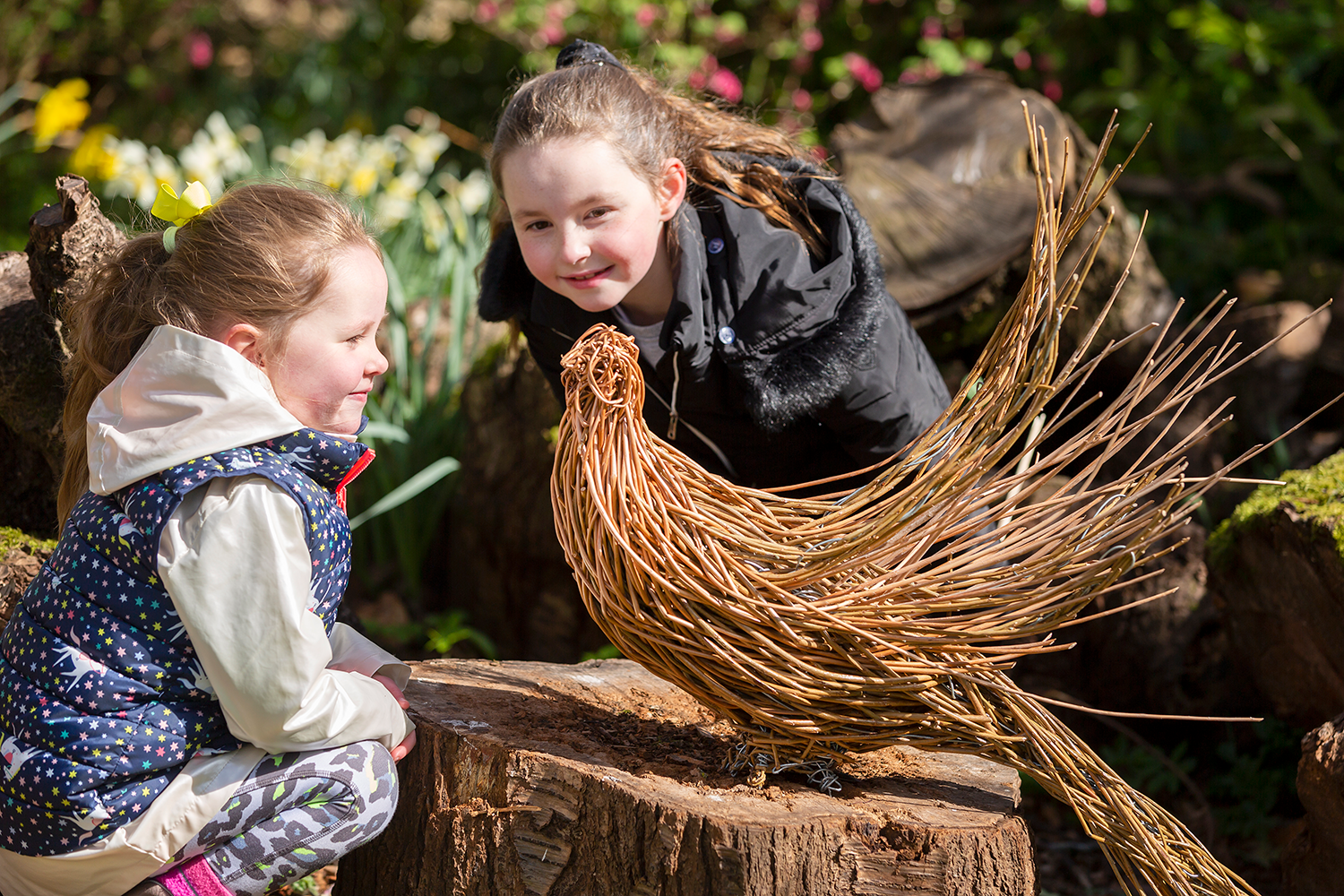 Two children looking at a willow sculpture of a pheasant.