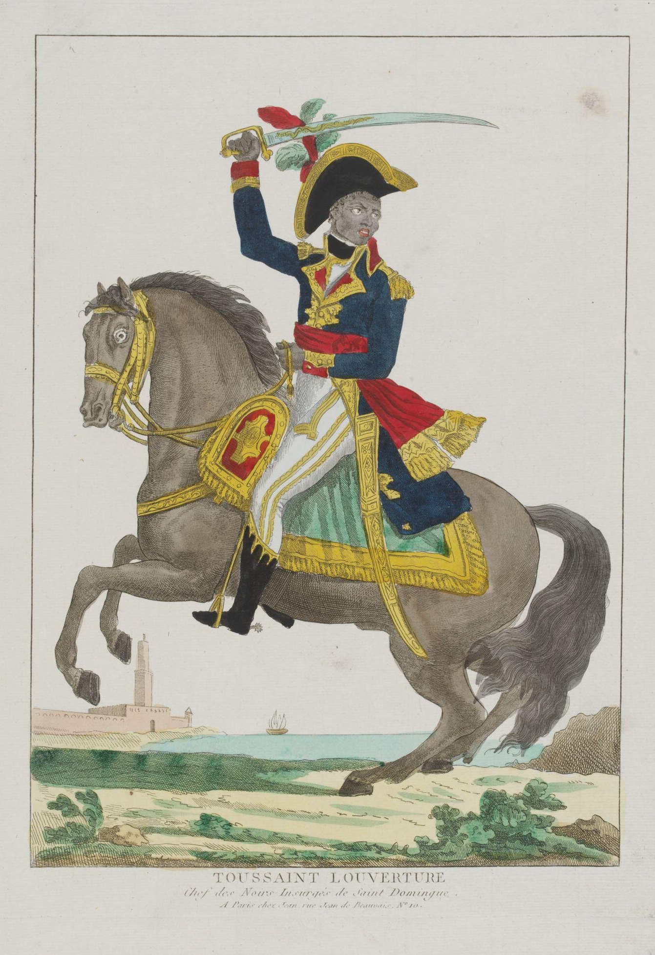 Illustration print of a man on a horse, wielding a sword.