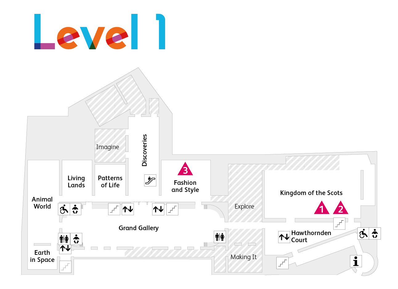 A map of level 1 of the museum showing different stops of the Hidden Histories trail. 