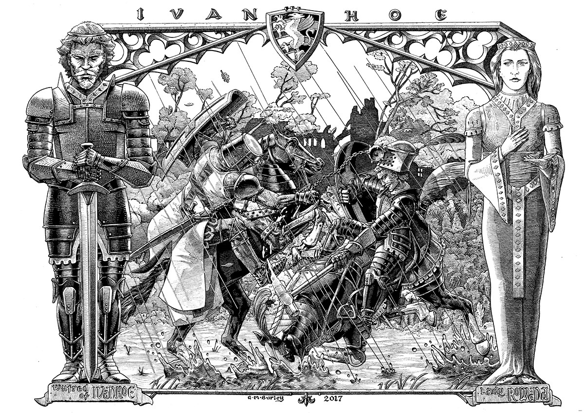 Illustration from Ivanhoe showing a serious looking male figure with a sword, a female figure standing pensively with one hand held aloft, with a battle taking place behind them